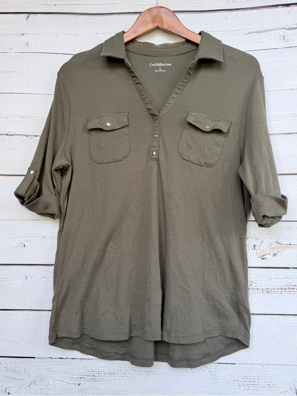 Croft & Barrow Roll-Tab Sleeve Henley Utility Top Size Large